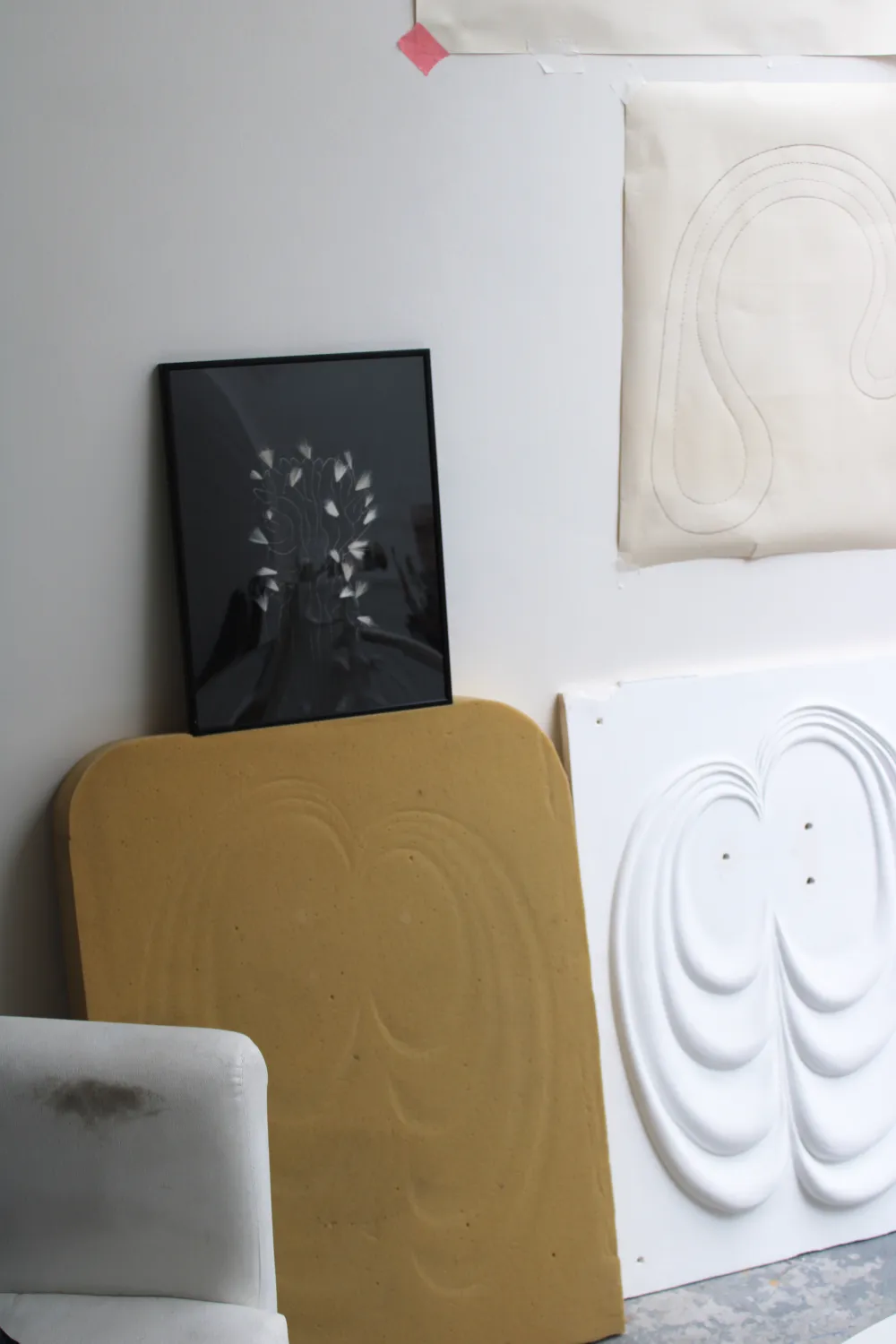 Studio wall with works in progress, sculpture and drawings, Paris