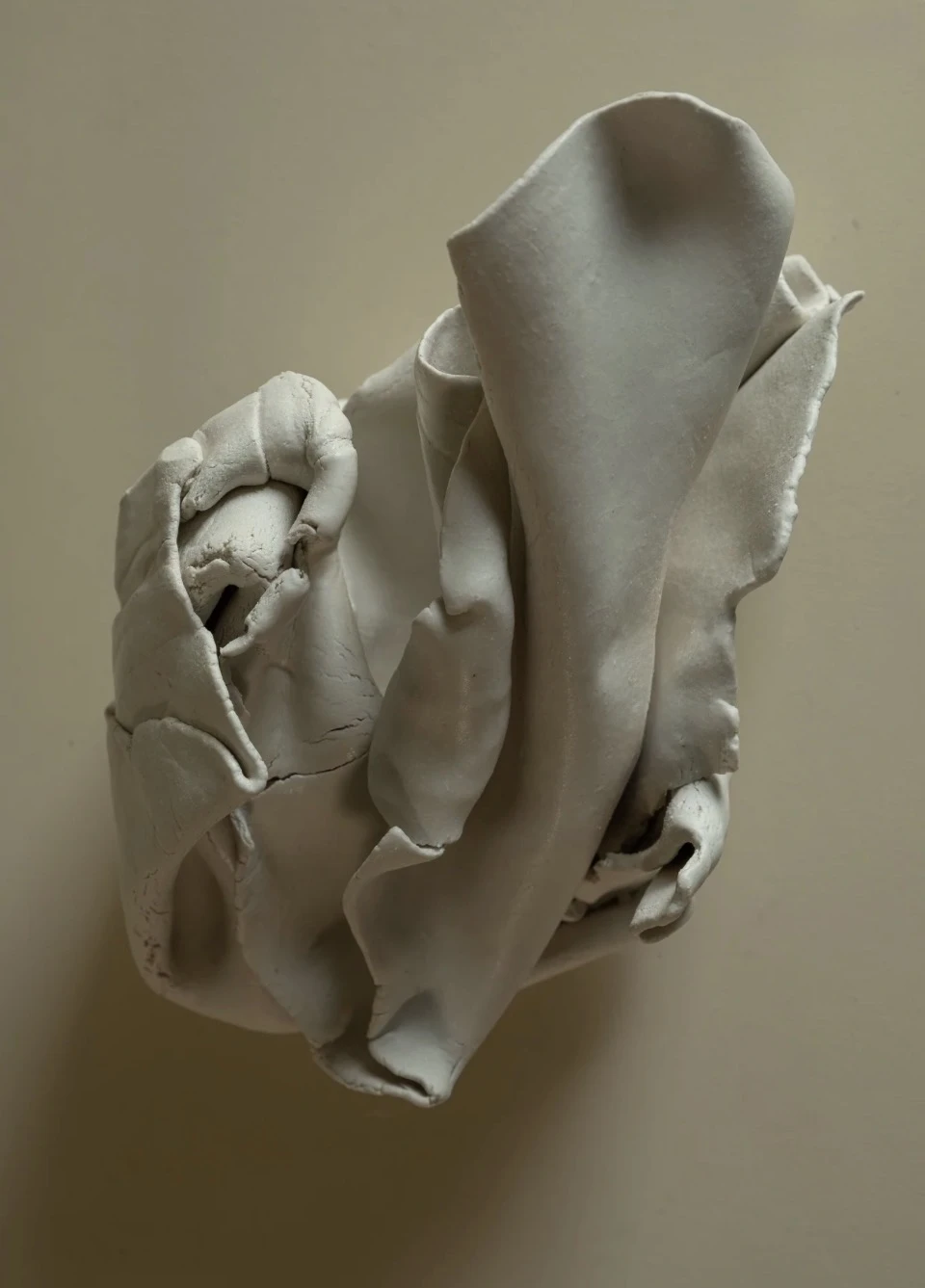 Close-up of a porcelain organic form with folded surfaces against a neutral background