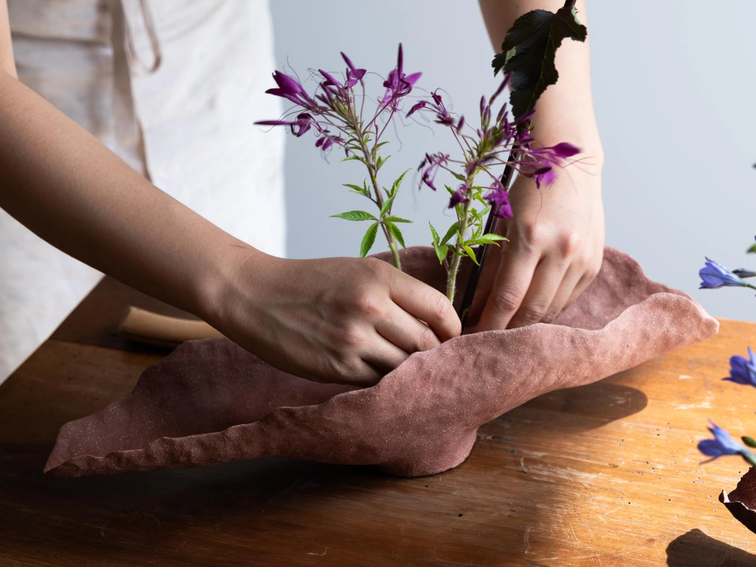 Hands arranging purple flowers in terracotta ceramic vessel